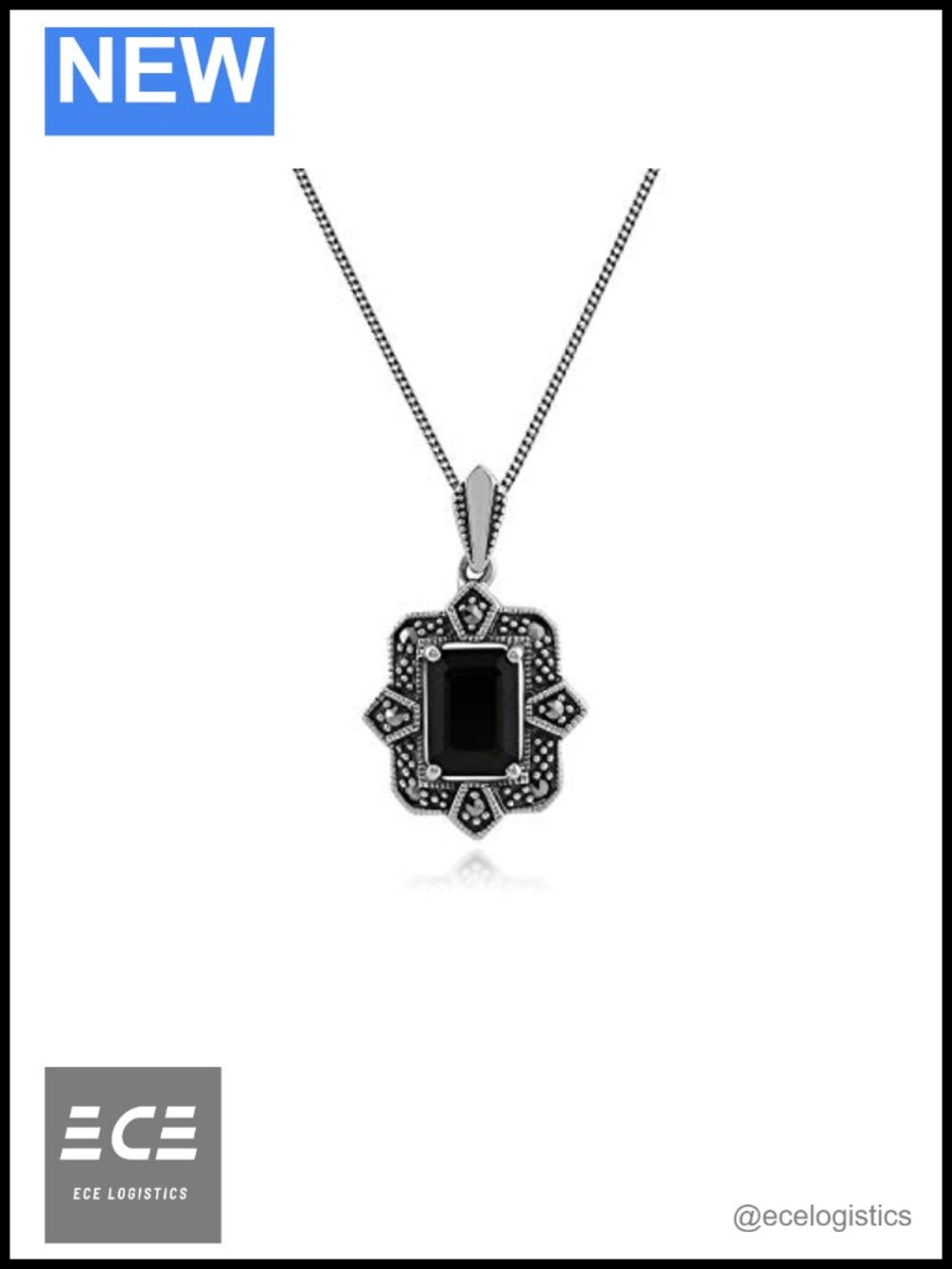Sterling Silver Black Spinel Marcasite Pendant Necklace 45cm Cable Chain